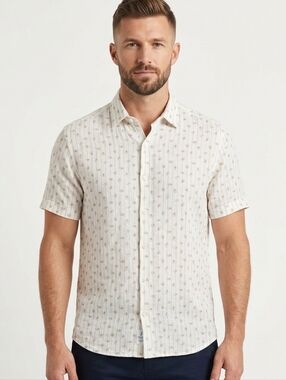 Stitch Note 100% Camp European Linen Shirt Short Sleeve Striped  L